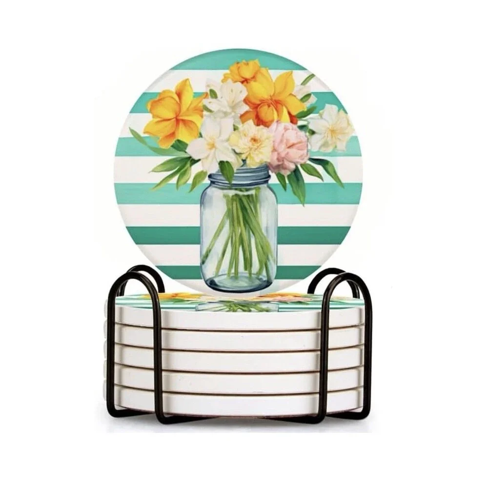 Mason Jar Spring Flowers Ceramic Coasters Set of 6 Absorbent w/ Holder Decor